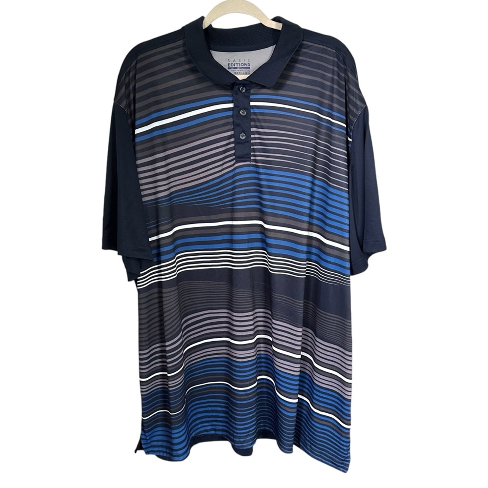 Basic Editions Mens Sz 3XL XXL Blue Brown Striped Short Sleeve Polo Shirt NWT